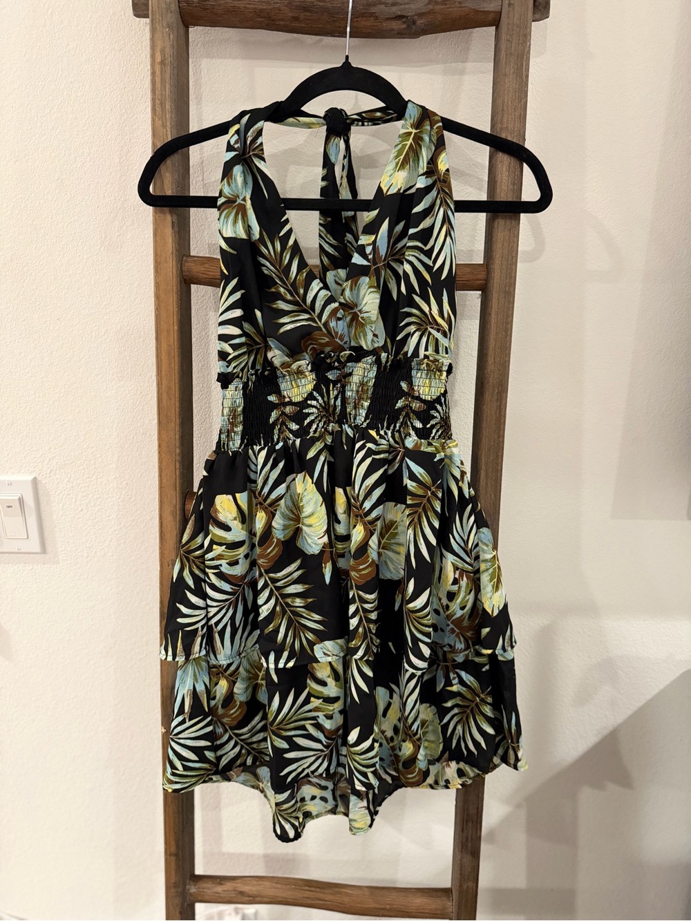 Smocked Halter Mini Dress in Black with Green Leaf Print